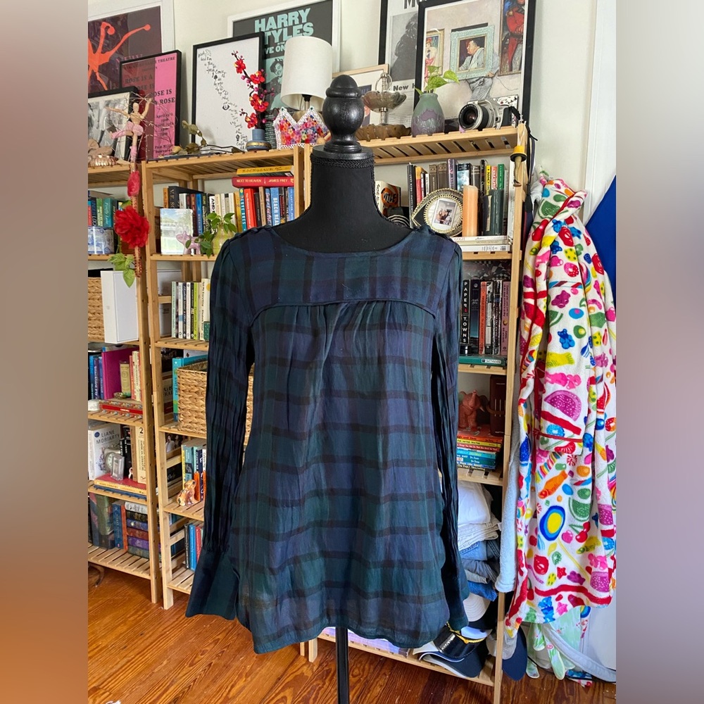 LOFT Navy and Green Plaid Blouse